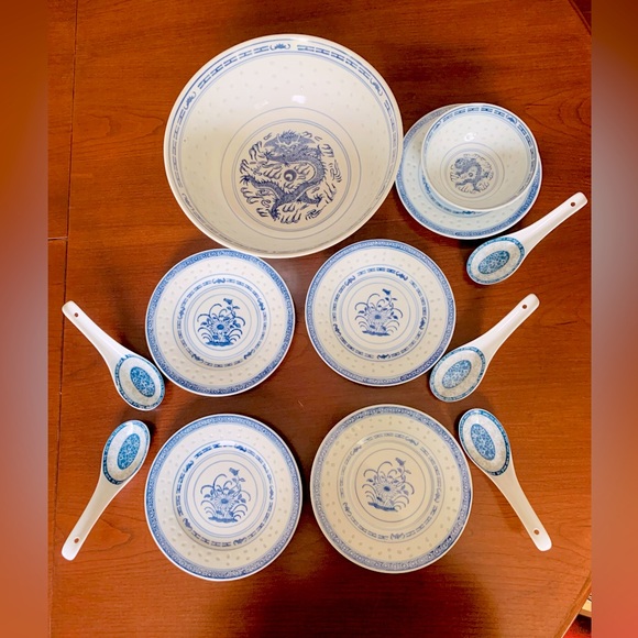 Chinese porcelain blue & white dragon pattern 9” serving bowl 6” plates & spoons - Picture 11 of 11